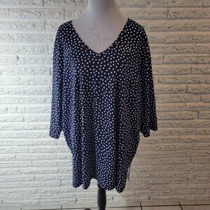 Woman Within Plus Size 2X Blue White Polka Dot Blouse 3/4 Sleeve GEO64XE